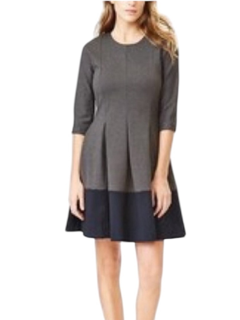 Gap Fit & Flare Ponte Colorblock Dress 12 Gray Navy Pleated 3/4 Sleeve Career